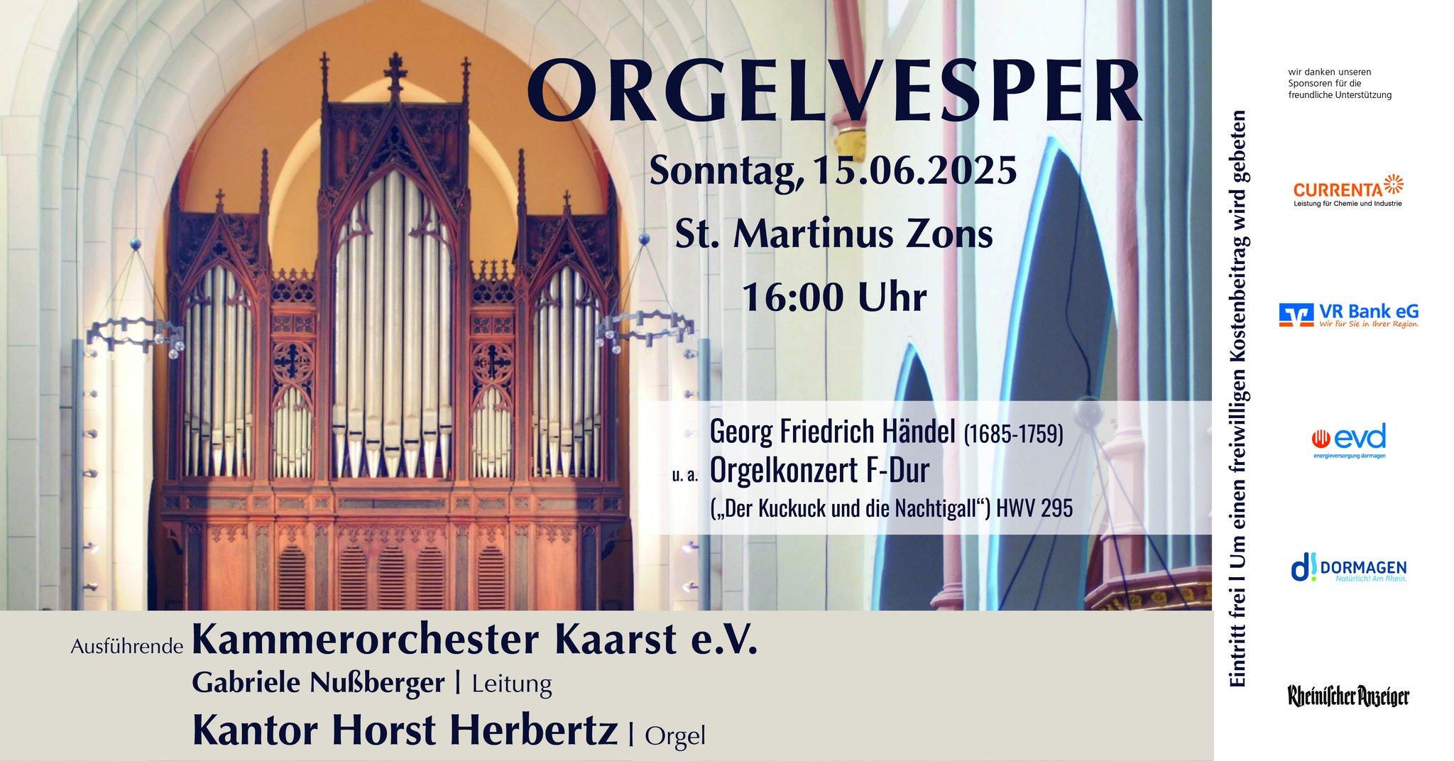 Orgelvesper mit dem Kammerorchester Kaarst am 15.06.2025