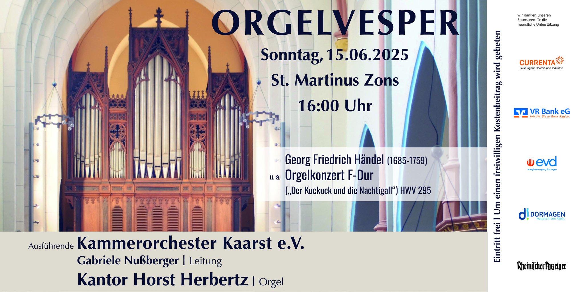 Orgelvesper mit dem Kammerorchester Kaarst am 15.06.2025